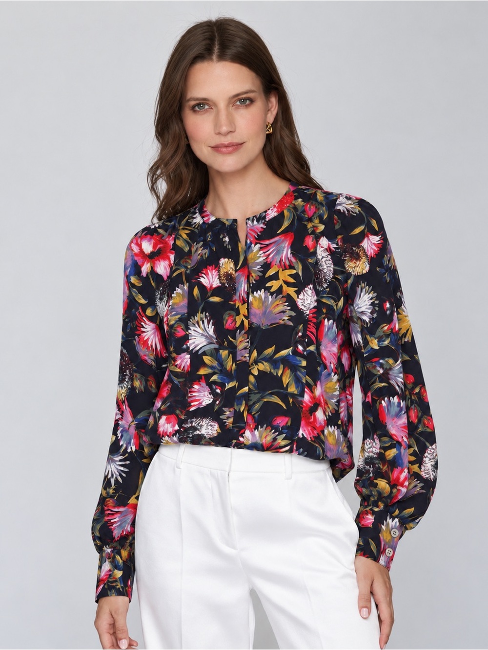 J.Crew 100% Silk Dark Navy Floral Blouse Large Tall Luxury Fall Autumn Shirt